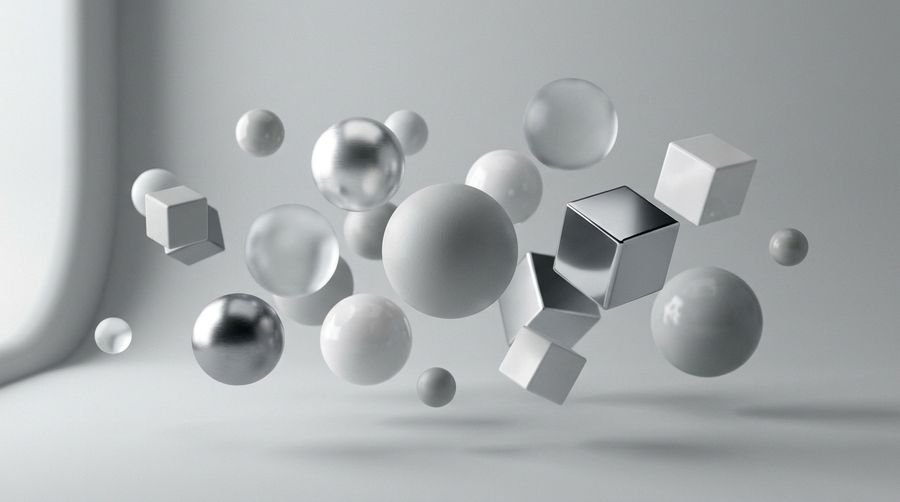 Floating 3D geometric spheres and cubes in a light studio